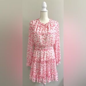 Skies & Blue Womens M Pink White Floral Long Sleeve Tiered Ruffle Dress Feminine
